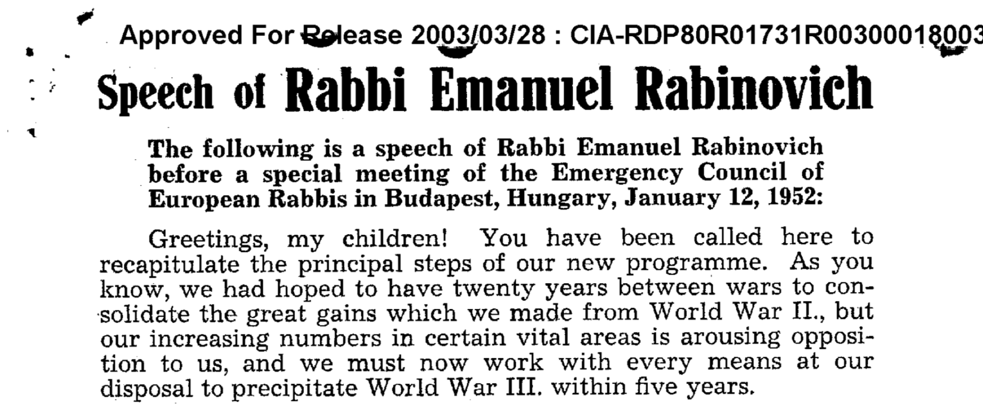 CIA Files (1952): Rabbi Calls For WWWIII Within 5 Years?