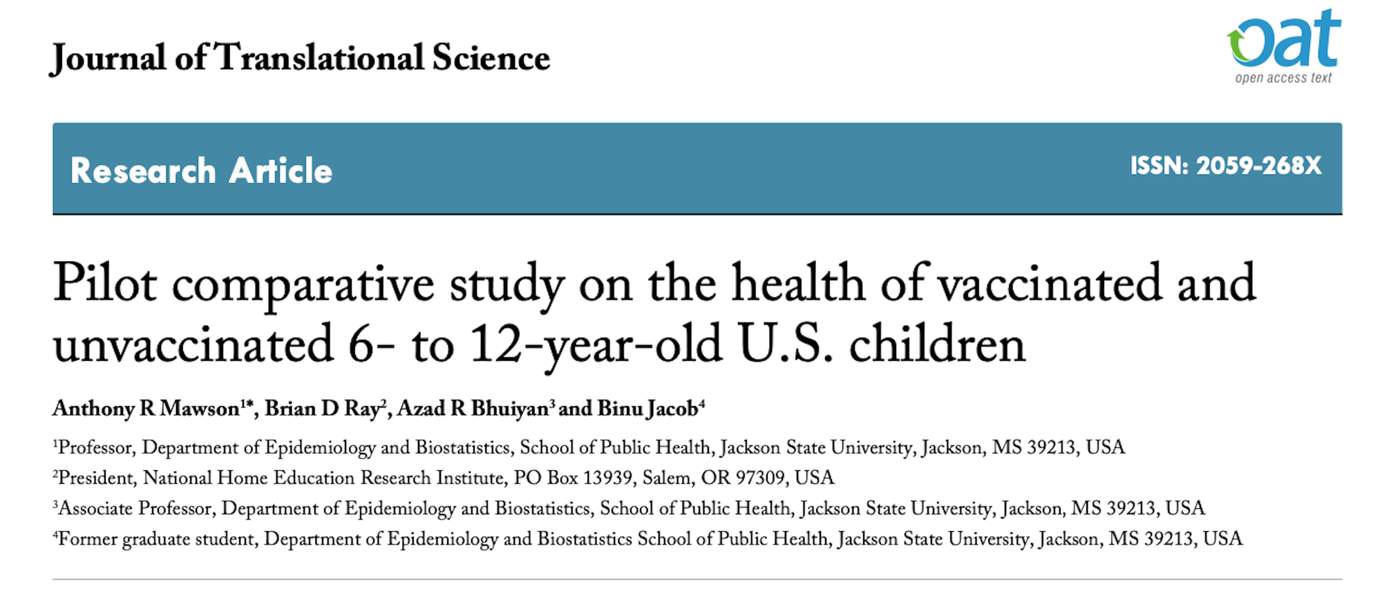 Comparative Study On The Health Of Vaccinated And Unvaccinated U.S. Children