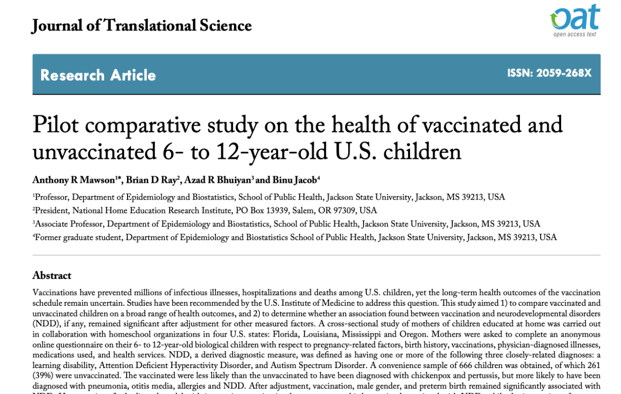 Vaccinated Children Have Higher Rates Of Neurodevelopment Disorders Than Unvaccinated